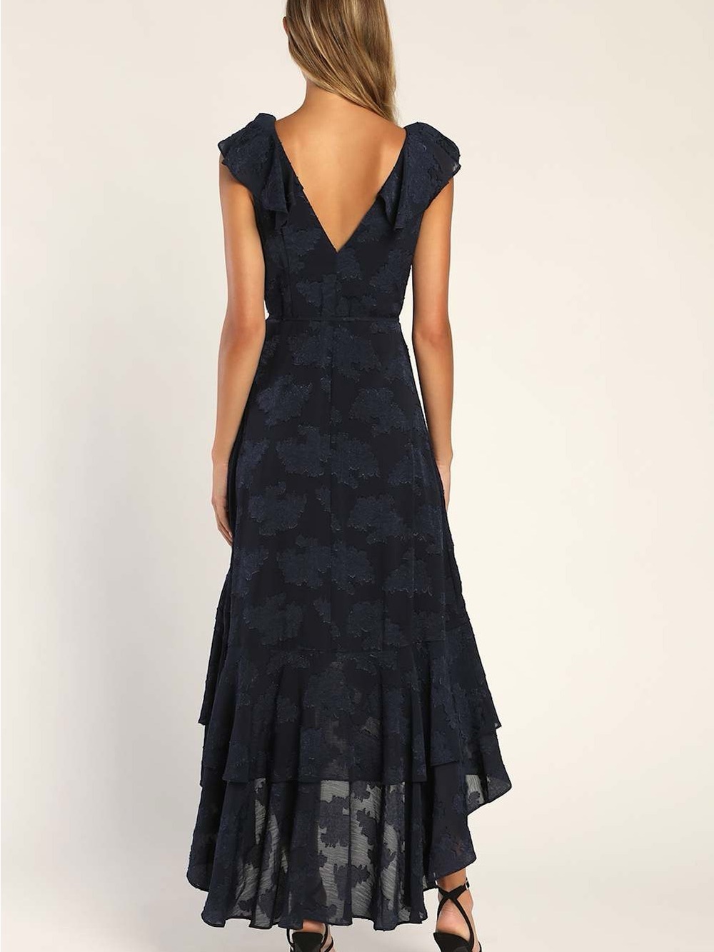 Lulu's Navy Textured Ruffle Wrap High-Low Dress - Picture 2 of 5